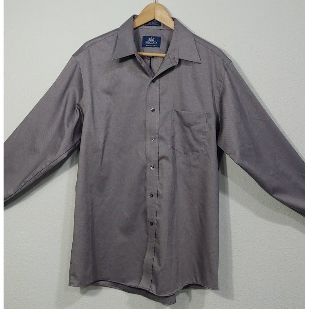 Sanford Wrikle-free 16 1/2 Solid Gray Button Up Long Sleeve Dress Shirt Mens - Picture 4 of 12